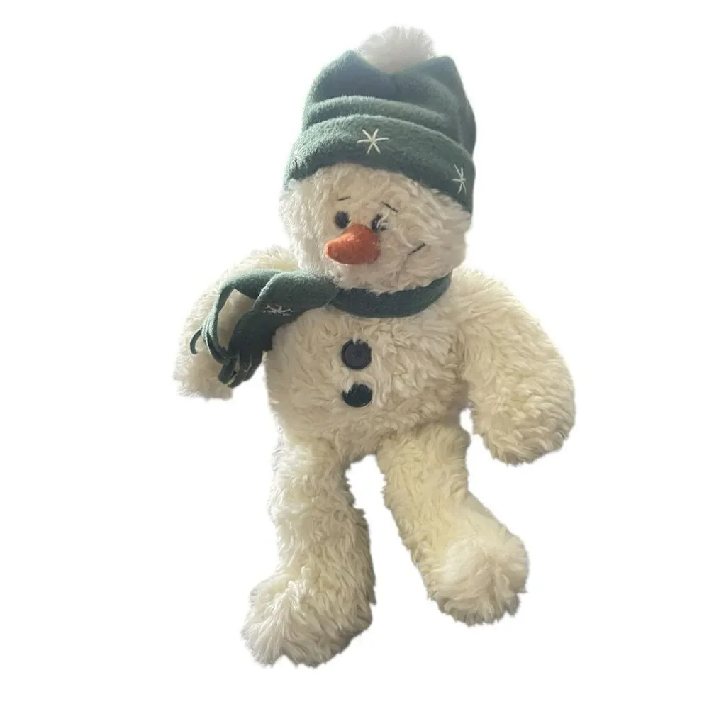 Vintage Gund Kids White Green Fuzzy Snowman With Scarf & Hat Plush Toy OS
